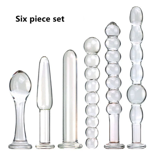 Small glass anal plug six piece set with beads